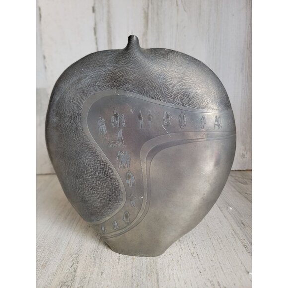 Claire Pfleger pewter 1986 large metal flask art piece vintage people walkway - Picture 1 of 11